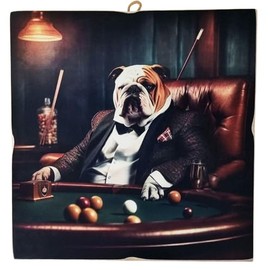 KUSTOM ART Wandbild, Serie Tiere Aristokratischer Hund, Bulldogge, elegant, Billardspieler, Druck auf Holz, 23 x 23 cm