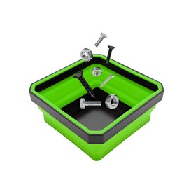 NYTKL Collapsible Magnetic Parts Tray, 4.5" Square Silicone Tool Tray with Dual-Sided Magnetic Base, Foldable Small Metal Parts Organizer Storage Bowl for Screws Bolts Nuts Washers (Green)