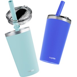 CUPKIN Toddler Tumblers, The Original 12 oz Stackable Stainless Steel Cups, Set of 2 Powder Coated Insulated Kids Water Bottle Alternative + BPA Free Lids + Reusable Silicone Straws (Cobalt + Mint)