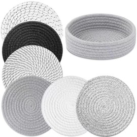Trivets for Hot Dishes,Trivets Set 6 Pcs,Heat Resistant Trivet with Storage Basket Protect Counter, Coasters Set Home Essentials Farmhouse Decor (8 inch，Gray)