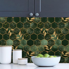 MuralPeel Vintage Green Golden Geometric Honeycomb Mosaic Peel and Stick Wallpaper Easy Peel Off Vintage Self Adhesive Removable Stick on Wall Paper for Kitchen Cabinet Renter Friendly