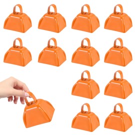 HEYLEAYAR 3Inch Cowbells for Sporting Events,12Pcs Metal Cow Bells Bulk Loud Noise Makers Cow Bell with Handle for Cheering Football Games Spirit Marathon Weddings Party Noisemakers, Orange