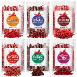 Yimi Dried Chili Peppers 6 Pack Bundle - Arbol, Guajillo, Thai, Sichuan Medium Hot, Sichuan Super Hot, Guizhou, Super Pack of Dry Whole Pepper Chiles (24oz Total)