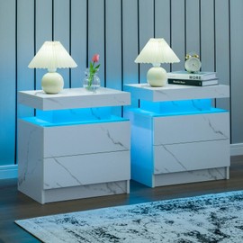 i-aplus Night Stand Set 2 LED Nightstand with 2 Drawers Bedside Table with LED Lights Side Tables for Bedroom Living Room
