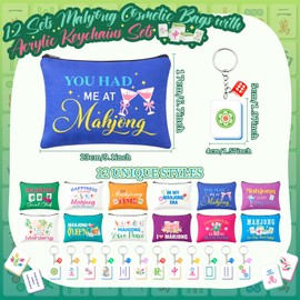 Hsei 12 Sets Mahjong Cosmetic Bag Gifts for Women Zippered Pouch Mahjong Makeup Bag Acrylic Keychains with Colorful Dice Sets for Lover Player Mothers Lucky Birthday Party National Mah Jong Gift