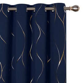 Deconovo Gold Wave Print Blackout Curtains for Bedroom, Thermal Insulated Curtains for Living Room, Room Darkening Drapes (Navy Blue/Wave, 52x96 Inch, 2 Panels)