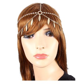 Head Jewelry ~ Crystal and Leaves Goldtone Head Chain Headband (JH1019-GDC)