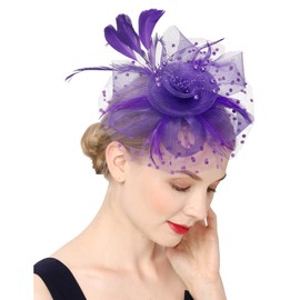 Cizoe Fascinators Hat for Women Tea Party Headband Kentucky Derby Wedding Flower Cocktail Mesh Feathers Hair Clip(1-Purple)