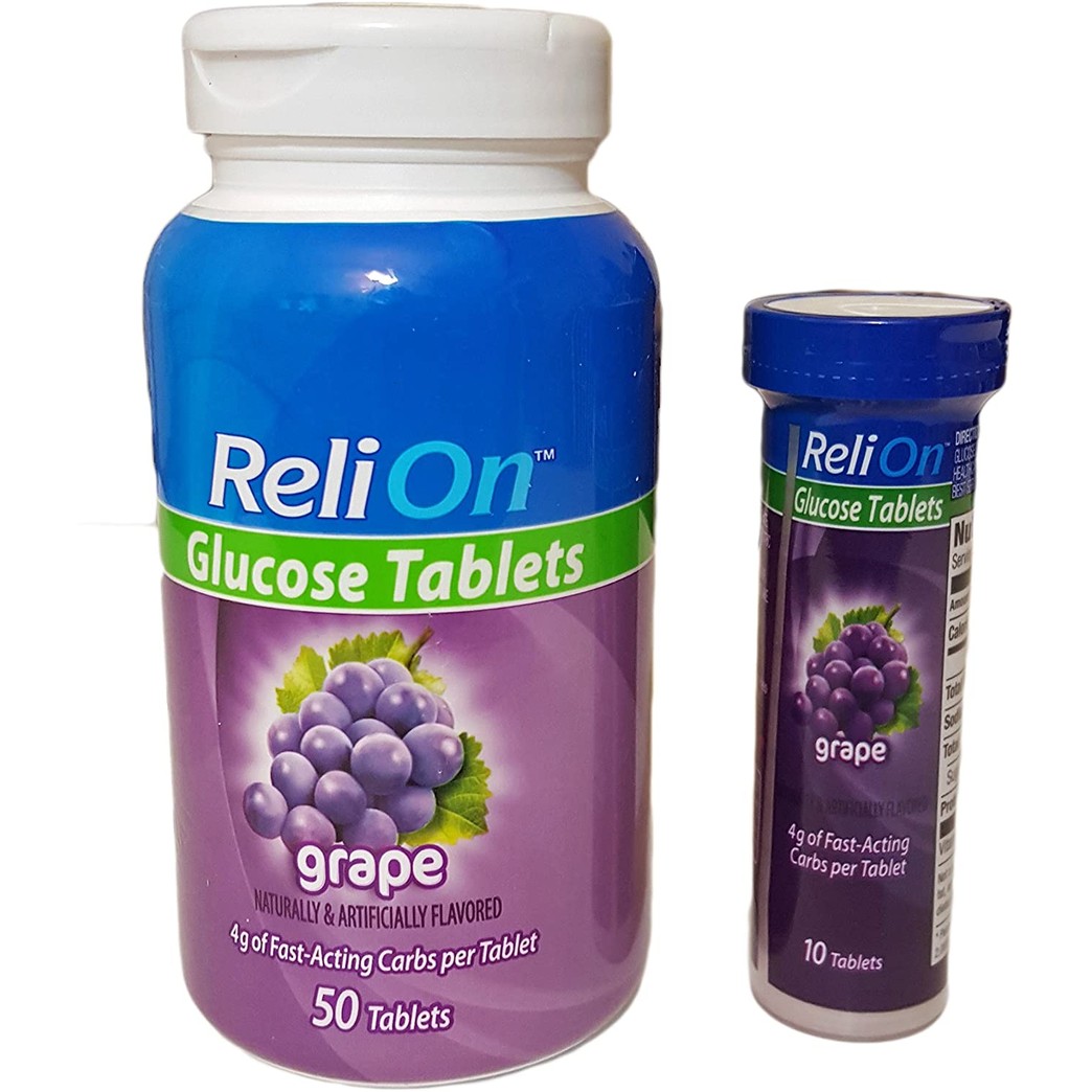 ReliOn Glucose, 50 Tablets with On-The-Go Tube, 10 Tablets. (Grape)