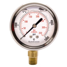2-1/2" Oil Filled Pressure Gauge - Stainless Steel Case, Brass, 1/4" NPT, Lower Mount Connection, 0-5,000PSI