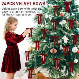 24pcs Red Velvet Bows for Christmas Tree, Large Ribbon Christmas Tree Bows, Red Velvet Bow Ornaments for Christmastree Gift Wrapping with Gold Twist Ties