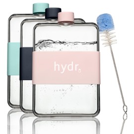 hydr | 15oz Flat Water Bottle For Purse & Flexible Cleaning Brush | BPA Free Square Water Bottle | Leak/Drop Proof Slim Water Bottles For Travel, small water bottle