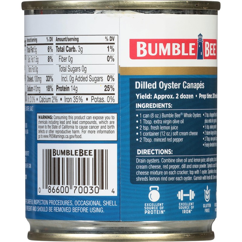 Bumble Bee Premium Select Whole Canned Oysters, 8 oz Can