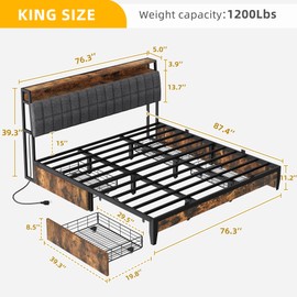 YITAHOME King Size Bed Frame, Upholstered Platform Bed Frame with 4 Drawers/Charging Station, Storage Headboard Metal Bed Frame Strong Wooden Slats, No Box Spring Needed, Fast Assembly, Rustic Brown