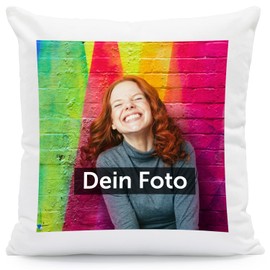 GRAVURZEILE Printed Cushion to Design Yourself – with Your Own Photo and Text – Personal Gift for Him and Her – 100% Polyester – 40 x 40 cm – Colour: Square – with Filling