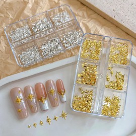 HYWWPFLAY 2 Boxes Star Nail Charms, Silver and Gold Nail Art Charms Bulk for DIY 3D Nail Art Decoration & Charms for Nails Design with Pickup Pen & Tweezers