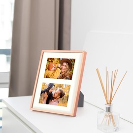 Frametory - 8x10 Aluminum Collage Picture Frame - Display 4x6 Pictures with 2 Openings Mat - Real Glass Front - with Easel Stand for Horizontal/Vertical Wall Mount - Rose Gold 1 Pack
