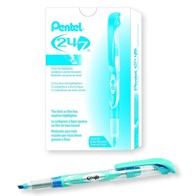Pentel 24/7 Chisel Tip Liquid Highlighter, Sky Blue Ink, Box