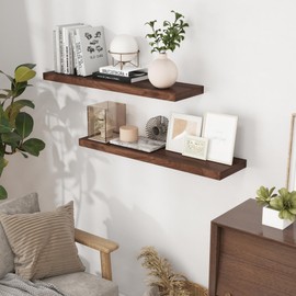 Fun Memories 9 Inch Deep Floating Shelves, Rustic Wooden Wall Shelf Set of 2, 1.5" Thick Shelves, Deep Storage & Display Shelves for Bathroom, Kitchen, Living Room, Walnut Color