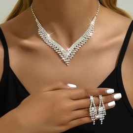 Unicra Silver Bride Wedding Jewelry Sets Crystal Bridal Necklace Earrings Set Rhinestone Costume Jewelry Set Prom Choker Necklace for Women and Brides