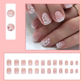 Ombre Pink French False Nails Short Square with Spring Floral Design, SXVME Gradient Pink Press on Nails Short Square, Cute Floral Fake Nails Glue on Nails Acrylic Stick on Nails for Women in 24 Pcs