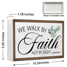 We Walk By Faith Not By Sight 2 Corinthians 5:7 Bible Verse Wooden Box Sign Desk Decor,Rustic Scripture Wood Block Plaque Sign for Christian Farmhouse Home Office Shelf Tabletop Wall Decor