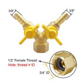 BesNPT 3/8" Hose Barb Valve, Brass 3 Way Shut Off Valve 1/2" Female Thread Y Shaped 2 Switch Ball Valve