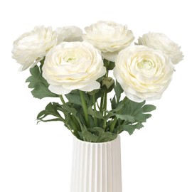 White Ranunculus Artificial Flowers 6PCS Real Touch Faux Ranunculus Flowers for DIY Wedding Bouquet Party Table Home Decor(White)