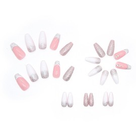 Press on Nails Medium Square Silver Glitter Sequins Rhinestones False Nails with Design French Artificial Acrylic Nails Full Cover Glossy Reusable Coffin Fake Nails Glue on Nails for Women 24Pcs