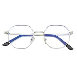 JOVAKIT Polygon Blue Light Blocking Glasses for Women Men Vintage Octagon Square Non-prescription Metal Eyeglasses (Silver)