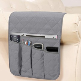 Grey Armchair Caddy with 5 Pockets - Non-Slip Sofa Remote Holder, Soft Armrest Organiser for Tablets, Cellphones, Magazines, Books & Glasses