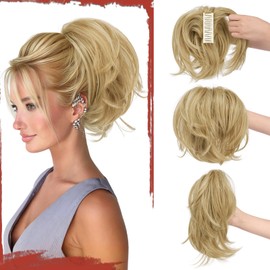 Sofeiyan Claw Clip Short Ponytail Extension DIY Bendable Wires Hair Hun Fluffy Fake Hair Piece Straight Synthetic Hair Ponytail Extensions for Wonen - Honey Blonde/Platinum Blonde