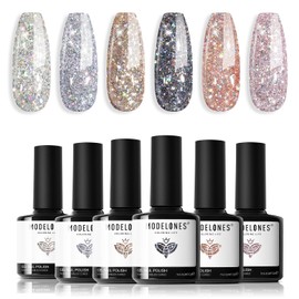 modelones UV Nail Polish Glitter, 6 Colours Silver Pink Gel Nail Gel Set, Colour Changing Stars Glitter Gel Nail Polish Kit, Varnish UV, Gel Polish Nail Polish for Beginners Nail Art Manicure