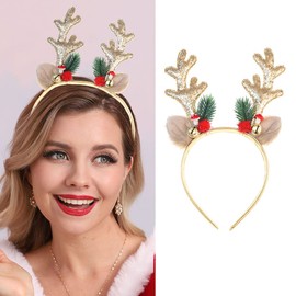 JEAIRTS Christmas Reindeer Antlers Headband Sequin Antler Ears Xmas Hair Band Cute Holiday Headbands Accessories for Women