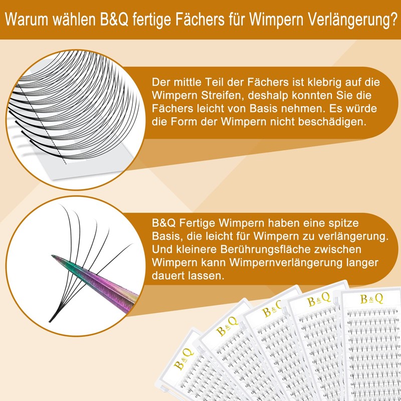 B&Q Ready-to-Use Eyelashes, Fans, 3D-D-0.10-11, Pointed Base Eyelash Extensions, 3D,