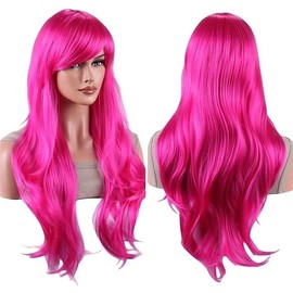 Tangyaoyusun 28Inch Rose Red Wig with Bang Long Wavy Curly Hair Cosplay Wig For Girls Women Theme Party (Rose Red)