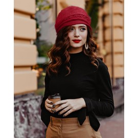 CheChury Women's Wool Winter Hat Warm Knitted Hat Women Beanie Hat Retro Peaked Cap Chunky Knit Women Cashmere Hat Women's Bowler Hat Winter Knitted Hat with Peak Women's Beret Fleece, red