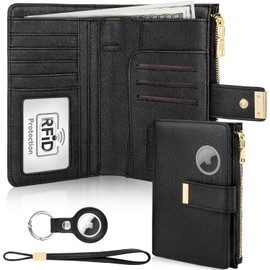 HUANLANG - Soporte para pasaporte con Airtag para mujeres/hombres, portafolios para pasaporte de piel de viaje, bloqueo RFID, pasaporte de viaje, Walelt con tarjetero de crédito, Negro -, Minimalista