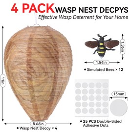 Qualirey 4 Pack Wasp Nest Decoys, Hanging Fake Wasp, Hornet Nest Decoy with 12 Simulated Bees for Better Repellent Carpenter Bee, Outdoor Wasps Deterrent for Outdoor Home Garden