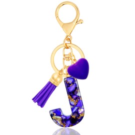 ANHBKAR Purple Initial Keychains for Women with Cute Heart Resin – Alphabet Letter J Keychain for Bag, Backpacks, Purse or Car Key (J-PURPLE)
