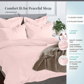 Pizuna Pure 100% Cotton Queen Duvet Cover Set, 600 Thread Count Long Staple Cotton Crisp Sateen Weave with Button Closure (Combed Light Pink Cotton Duvet Cover Queen)