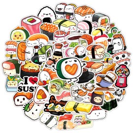 50pcs Cute Sushi Stickers for Kids, Kawaii Food Stickers for Water Bottle, Vinyl Sushi Decals for Laptop Scrapbook Journal Skateboard Party Favors