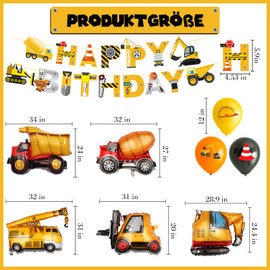 Digger Decoration Children's Birthday Party Balloons - 32 Pieces Construction Sites Happy Birthday Banner Crane Concrete Mixer Foil Balloons for Decoration for Children's Birthday Construction Site
