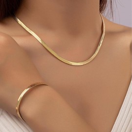Gold Choker Necklaces for Women Dainty Snake Chain Necklace and Bracelet Set Flat Gold Necklace and Bracelet Set Snake Chain Jewelry (Gold)