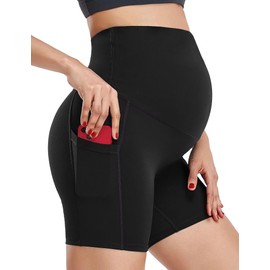 HOFISH Women's Maternity Biker Yoga Shorts Over The Belly Maternity Bike Shorts with Pockets