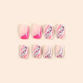 SINHOT Square Press on Nails Short Fake Nails Glossy Glue on Nails Leopard Print Acrylic Nails White Silver Stripes Squoval Artificial Nails Pink French Tip False Nails with Design 24 pcs