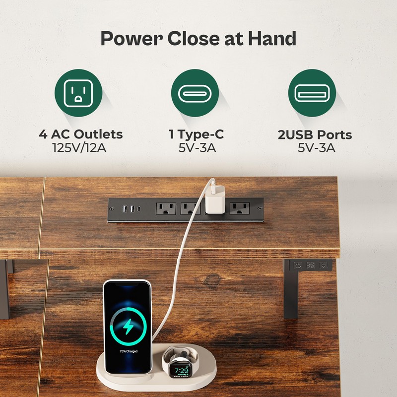 Huuger 47 Inch Computer Desk with Power Outlets and LED