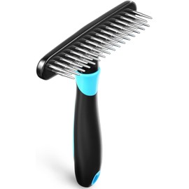 Dog rake deshedding dematting brush comb - Undercoat rake for dogs, cats, rabbits, matted, short or long hair coats - Brush for shedding, double row of stainless steel pins (Blue, One size)