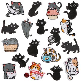 Xanewza Pack of 18 Iron-On Cat Patches, Embroidered Patches, Cat Patch Kit, Children's Iron-On Patches for Sew-On Appliqué for T-Shirt, Jeans, Jackets, Backpacks, Hats