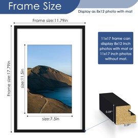 PEALSN 11x17 Picture Frame, Display Pictures 8 x 12 with Mat or 11 x 17 Without Mat for Wall Mounting Display, Photo Frames, Black